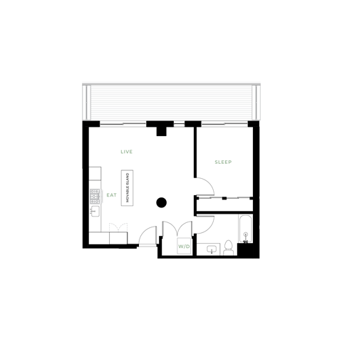 Floor plan for 1 bed, 1 bath, 588 sqft